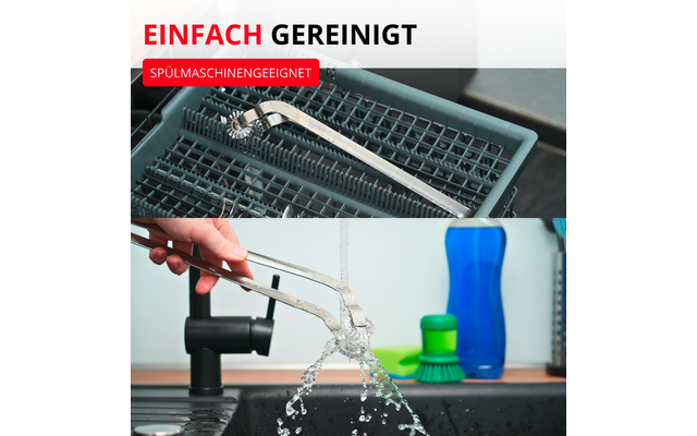 Haut: deux clés plates dans un panier à couverts gris de lave-vaisselle; bas: main tenant une pince sous de l'eau courante au-dessus d'un évier, bouteille bleue et brosse verte en arrière-plan; étiquette rouge 'SPÜLMASCHINENGEEIGNET' et texte noir 'EINFACH GEREINIGT'