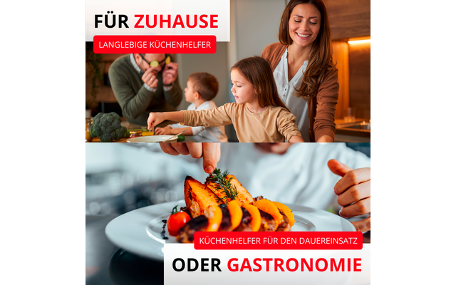 Image divisée : en haut une femme souriante, une fille et un homme dans une cuisine avec des légumes sur le plan de travail ; en bas gros plan d'une assiette avec des quartiers de légumes orange, de petites tomates rouges et des herbes, des mains qui décorent ; encadrés de texte rouges et blancs avec texte en allemand visibles
