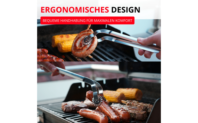 Grill avec des saucisses, des épis de maïs et des morceaux de viande ; deux mains tiennent une pince métallique saisissant une saucisse ; en haut une bannière rouge indique « ERGONOMISCHES DESIGN » et un petit encadré rouge « BEQUEME HANDHABUNG FÜR MAXIMALEN KOMFORT »