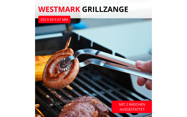 Main tenant une pince à grill en acier inoxydable avec deux petites roues, soulevant une saucisse en spirale au‑dessus d'une grille; un steak et un épi de maïs sont sur la grille; en haut à gauche texte rouge 'WESTMARK GRILLZANGE'
