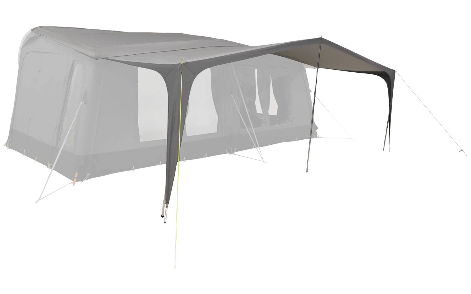 Tienda grande gris con varias ventanas rectangulares, un toldo lateral, dos postes de apoyo frontales, tensores y estacas sobre fondo blanco