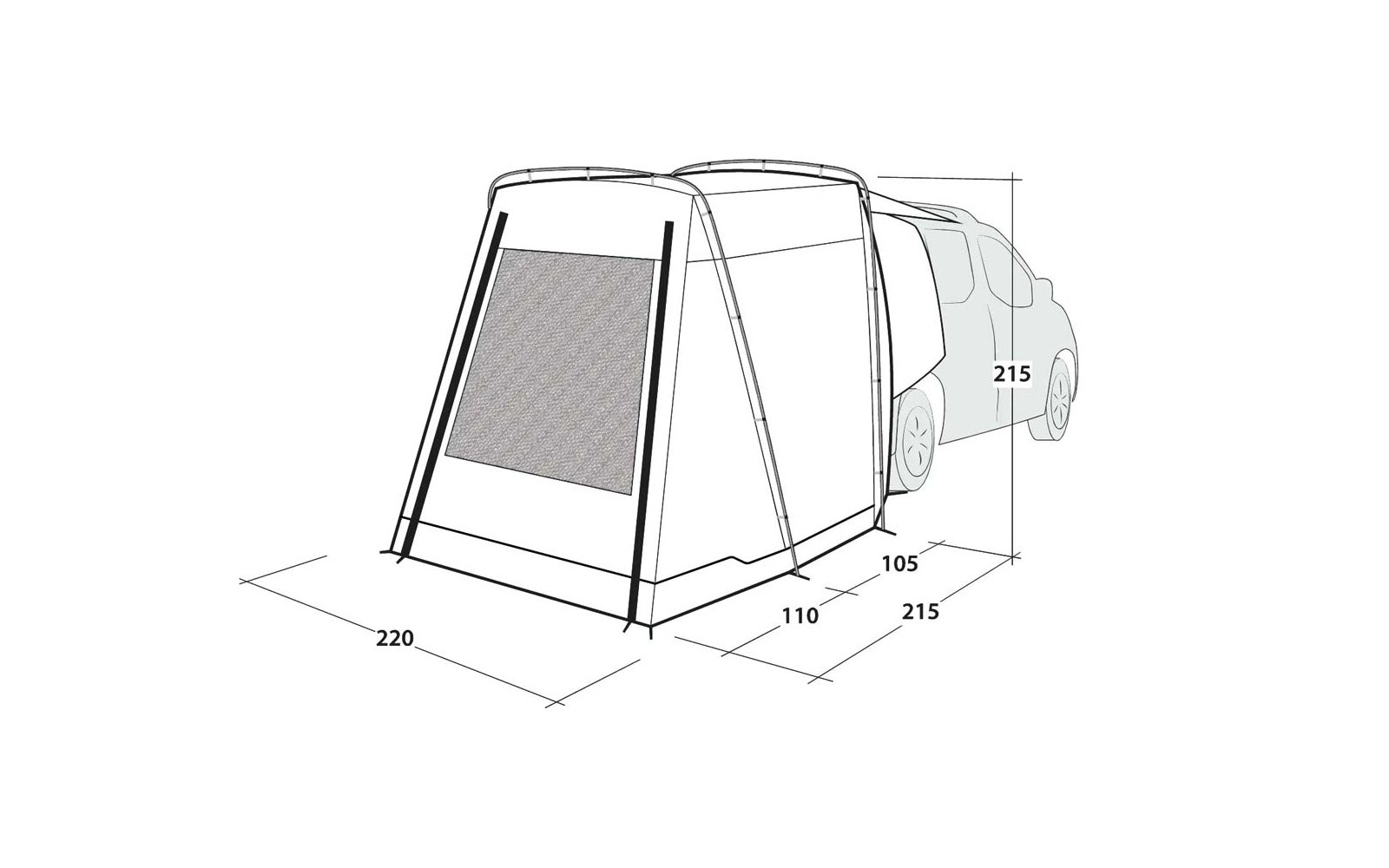 Auto mit angebautem rechteckigem Vorzelt mit Netzfenster, Gestänge und Maßangaben (220, 110, 105, 215)