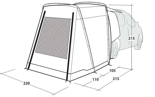 Auto mit angebautem rechteckigem Vorzelt mit Netzfenster, Gestänge und Maßangaben (220, 110, 105, 215)
