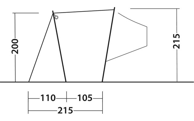 Seitenansicht einer polygonalen Kontur auf einer Bodenlinie, kleiner polygonaler Anbau rechts, diagonale Linien, kleiner Kreis an der oberen linken Ecke, vertikale Maßangaben '200' links und '215' rechts, horizontale Maßangaben '110', '105' und '215'
