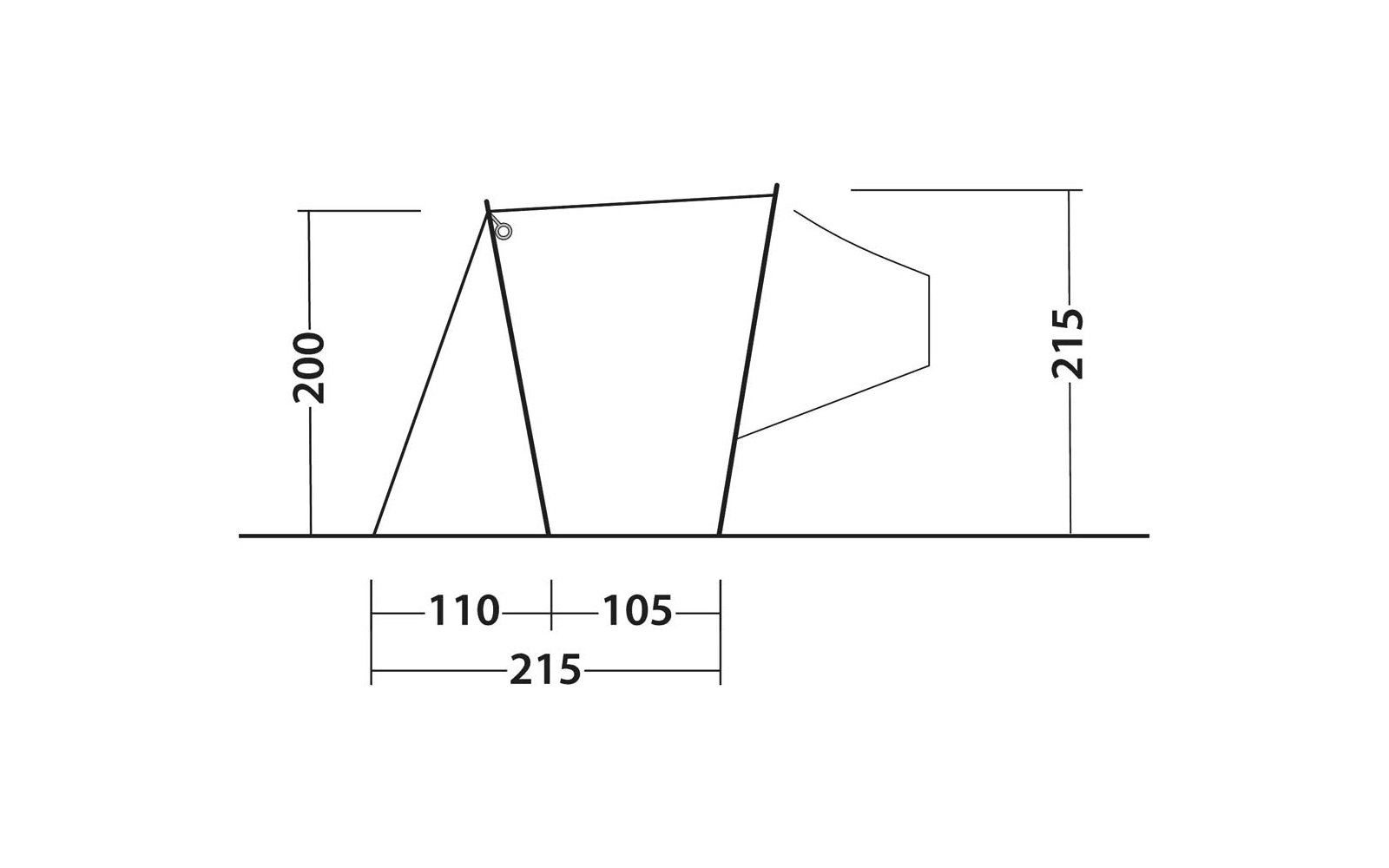 Seitenansicht einer polygonalen Kontur auf einer Bodenlinie, kleiner polygonaler Anbau rechts, diagonale Linien, kleiner Kreis an der oberen linken Ecke, vertikale Maßangaben '200' links und '215' rechts, horizontale Maßangaben '110', '105' und '215'