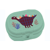 Grüne Lunchbox mit einem bunten Dinosaurier und Pflanzenmotiven