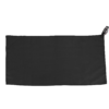 Schwarzes, rechteckiges Stofftuch mit Reißverschluss und angenähter Schlaufe oben rechts