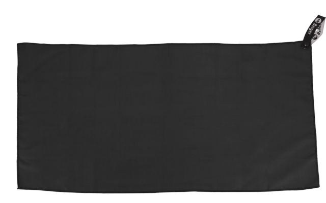 Schwarzes, rechteckiges Stofftuch mit Reißverschluss und angenähter Schlaufe oben rechts