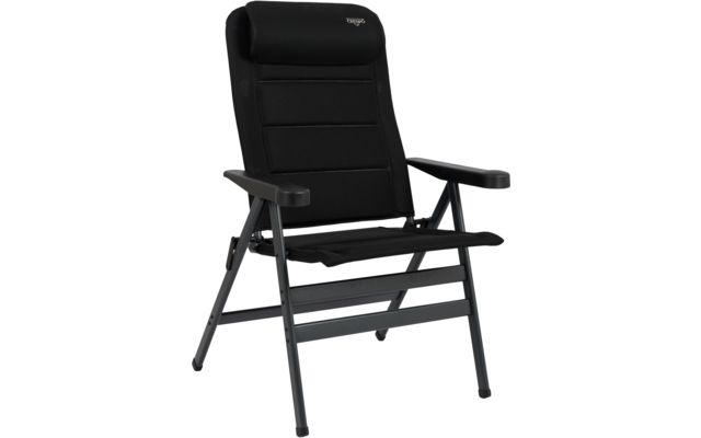 Schwarzer gepolsterter Klappstuhl mit hoher Rückenlehne, gepolstertem Kopfteil, Armlehnen und Metallgestell