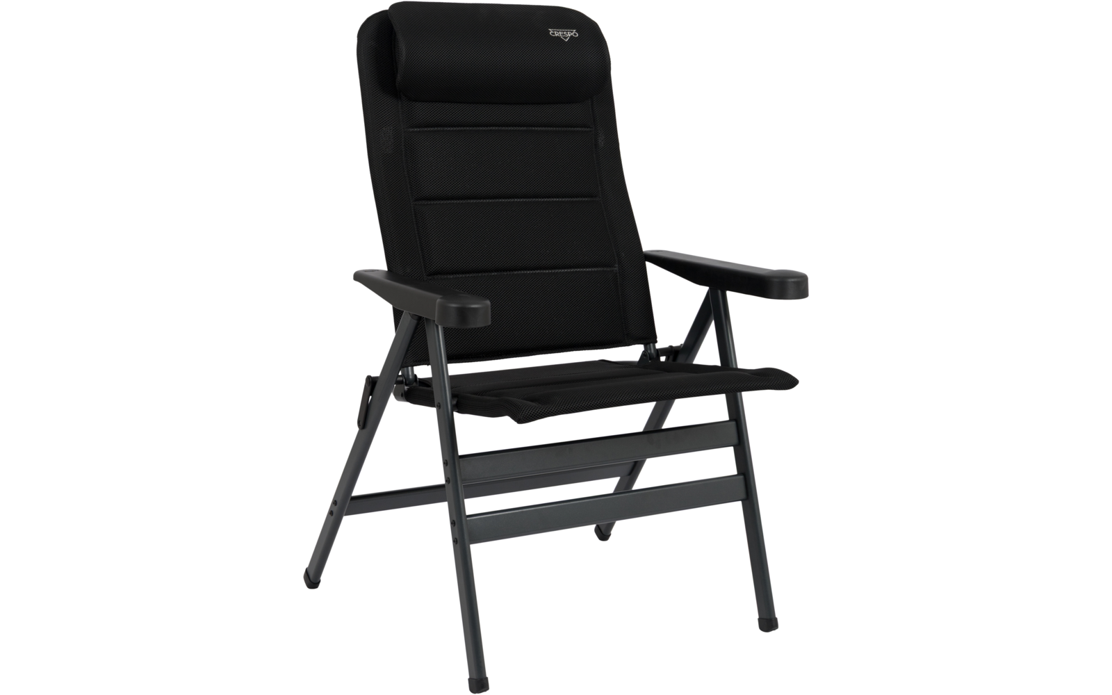 Schwarzer gepolsterter Klappstuhl mit hoher Rückenlehne, gepolstertem Kopfteil, Armlehnen und Metallgestell