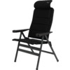 Schwarzer Klappstuhl mit gepolstertem Kopfteil, Armlehnen und Metallgestell
