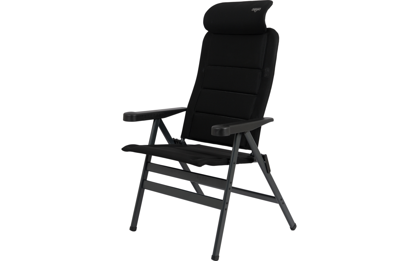 Schwarzer Klappstuhl mit gepolstertem Kopfteil, Armlehnen und Metallgestell