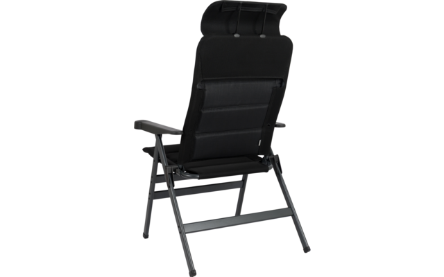 Schwarzer Stuhl mit hohem gepolstertem Rücken, Kopfstütze, Armlehnen und schwarzem Metallgestell