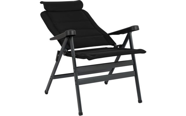 Schwarzer Stuhl mit gepolsterter Rückenlehne, Nackenkissen, Armlehnen und schwarzem Metallgestell