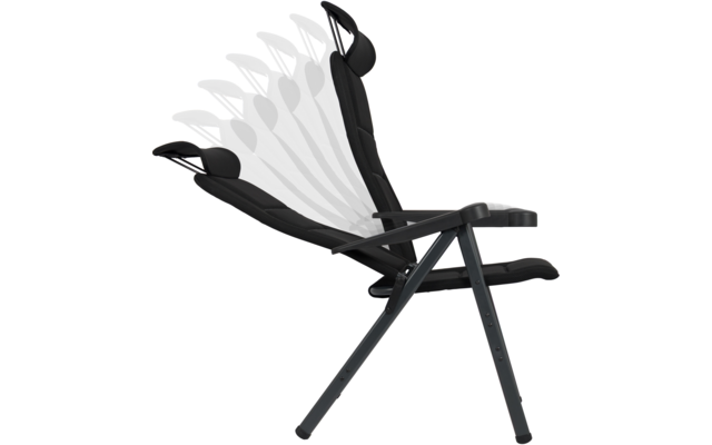 Schwarzer gepolsterter klappbarer Liegesessel mit Kopfstütze und Armlehnen, Rückenlehne in mehreren Positionen angedeutet
