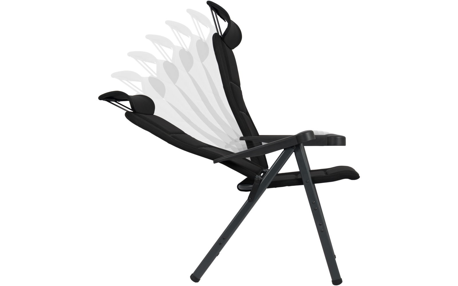 Schwarzer gepolsterter klappbarer Liegesessel mit Kopfstütze und Armlehnen, Rückenlehne in mehreren Positionen angedeutet