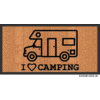 Braun gewebte Oberfläche mit schwarzer Konturzeichnung eines Wohnmobils und dem Text "I ♥ CAMPING" darunter