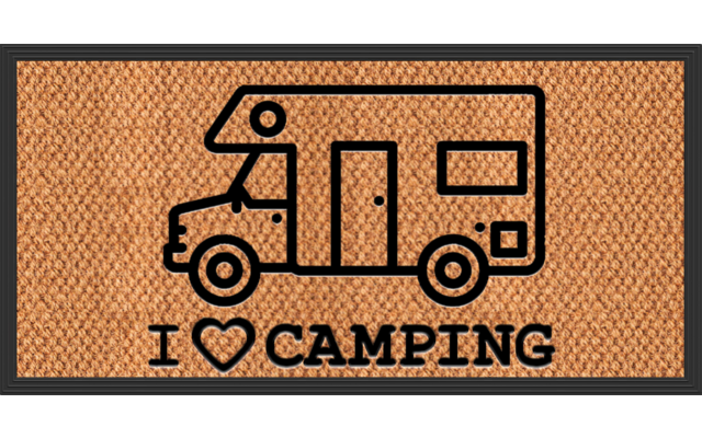 Fußmatte mit gewebter Oberfläche und schwarzem Rahmen, schwarze Strichzeichnung eines Wohnmobils und der Text 'I ♥ CAMPING'