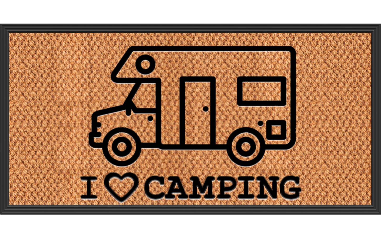 Fußmatte mit gewebter Oberfläche und schwarzem Rahmen, schwarze Strichzeichnung eines Wohnmobils und der Text 'I ♥ CAMPING'