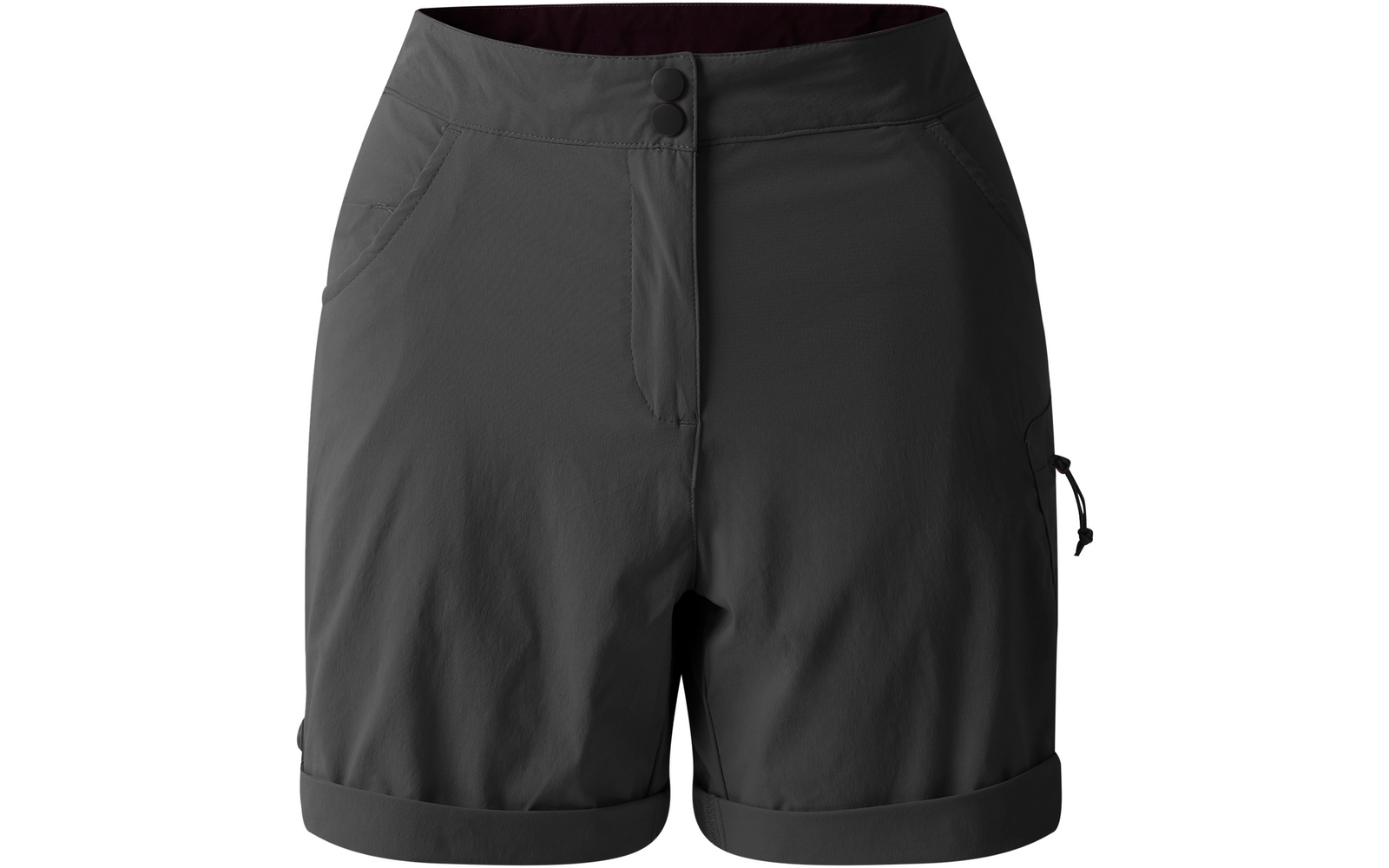 Donkergrijze shorts, vooraanzicht, tailleband met twee knopen en verborgen rits, twee steekzakken, omgeslagen zoom, zijzak met trekkoord