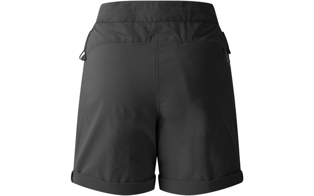 Donkere shorts, achteraanzicht, omgeslagen zomen, verticale middennaad, twee ritssluitingen bij de tailleband, kleine lusjes aan de zijkanten