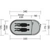 Ovale Fläche mit zwei liegenden Personen‑Silhouetten, Reißverschluss rechts, Maßlinien und Zahlen (345, 335, 230, 90, 175, 150, 165, 75)