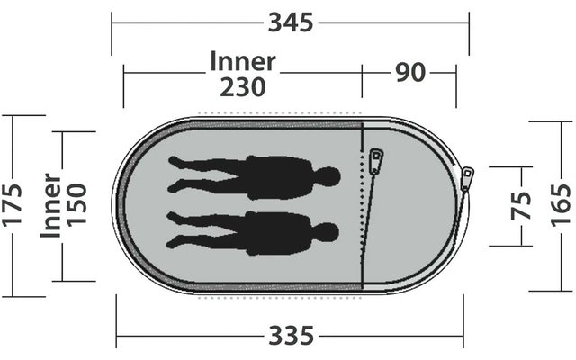 Ovale Fläche mit zwei liegenden Personen‑Silhouetten, Reißverschluss rechts, Maßlinien und Zahlen (345, 335, 230, 90, 175, 150, 165, 75)