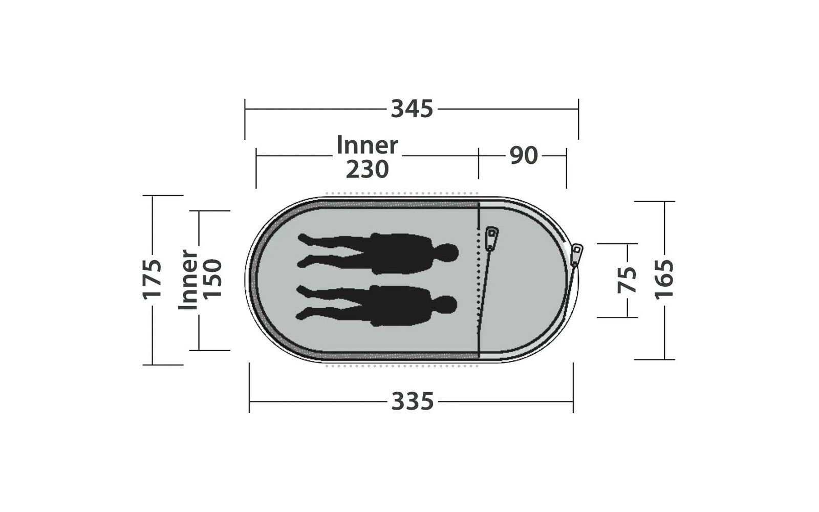 Ovale Fläche mit zwei liegenden Personen‑Silhouetten, Reißverschluss rechts, Maßlinien und Zahlen (345, 335, 230, 90, 175, 150, 165, 75)