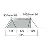 Seitenansicht mit zwei nebeneinander stehenden dreieckigen Umrissen, graue Fläche zwischen ihnen, oben Beschriftungen '95/Inner 85' (links) und '100/Inner 90' (rechts), unten Maße '115 | 120 | 100' und Gesamt '335'