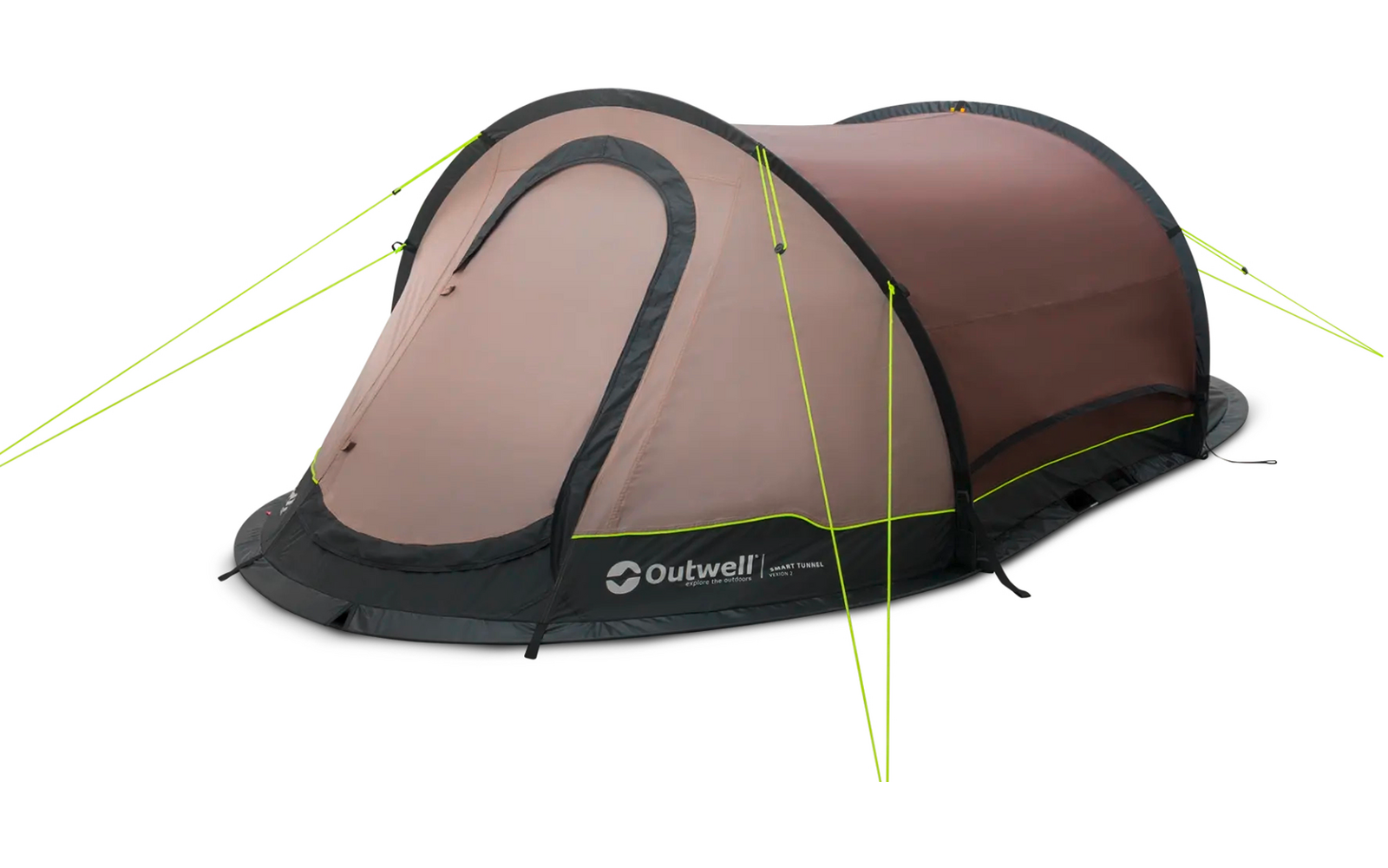 Braunes Tunnelzelt mit schwarzem Boden, vorderer Reißverschluss, leuchtgrünen Abspannleinen und Outwell-Logo