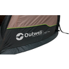 Zeltseite mit beige-schwarzem Stoff, neon-grüne Naht, weißer Schriftzug "Outwell" mit rundem Logo und schwarzem Gurt