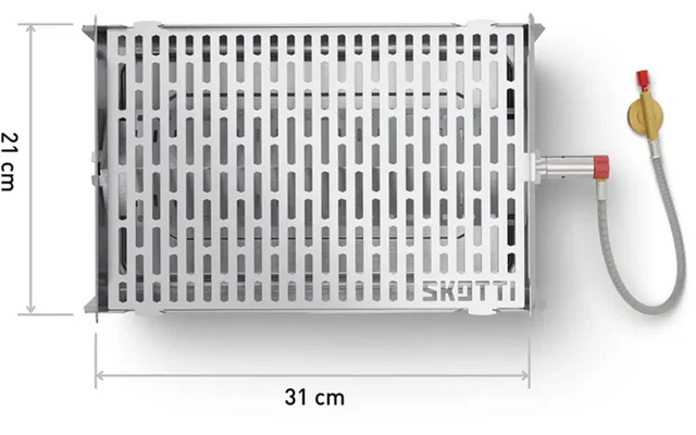 Rechteckiges perforiertes Metallgitter von oben, mit länglichen Schlitzen; rechts angeschlossener Schlauch mit Messingventil und rotem Hebel; Pfeilmaße 31 cm (Breite) und 21 cm (Höhe); Aufschrift "SKOTTI" unten rechts