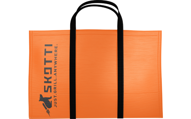 Orangenes rechteckiges Trageetui mit zwei schwarzen Griffen; links schwarzes Logo und Schrift "SKOTTI JUST.GRILL.ANYWHERE."