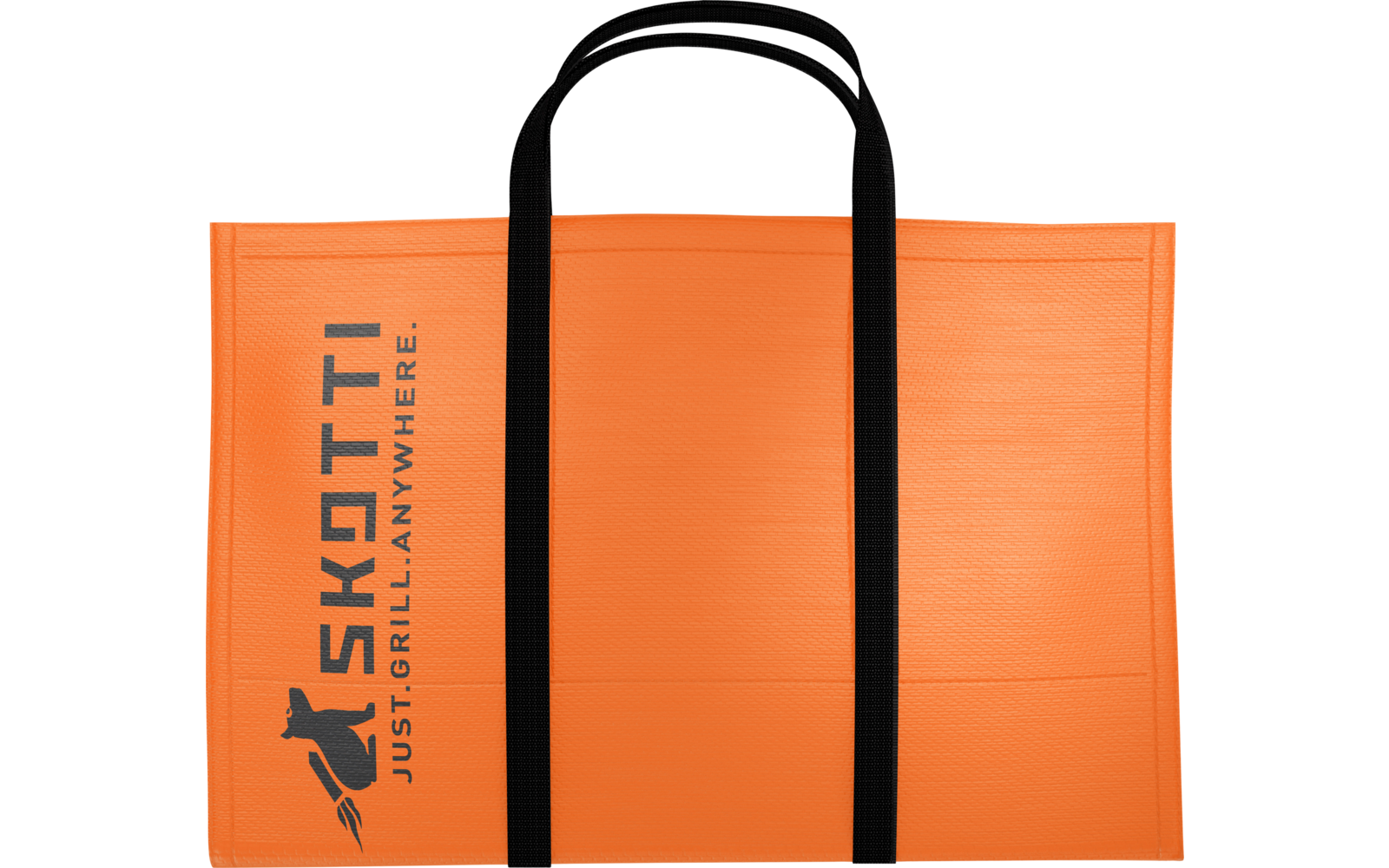 Orangenes rechteckiges Trageetui mit zwei schwarzen Griffen; links schwarzes Logo und Schrift "SKOTTI JUST.GRILL.ANYWHERE."