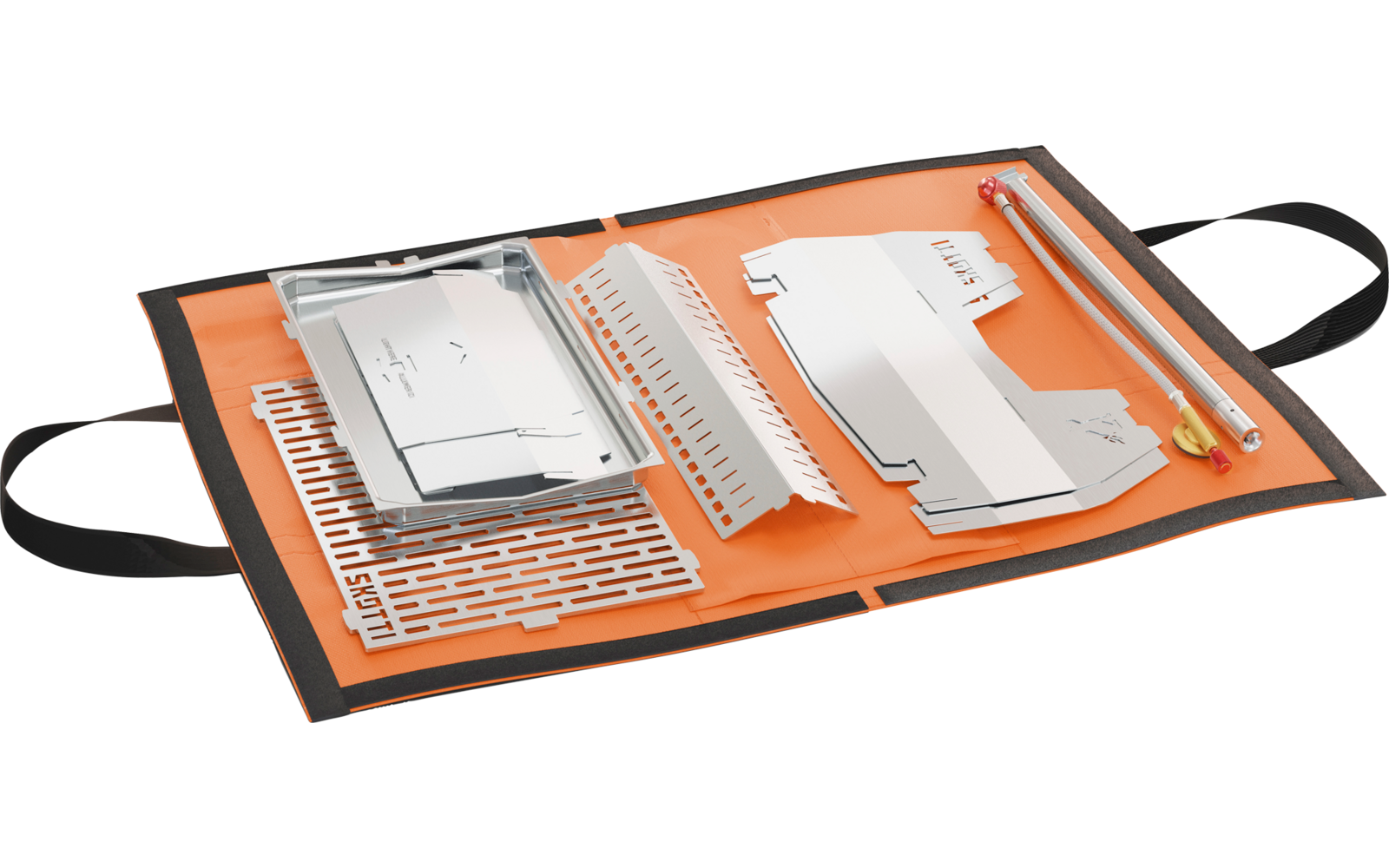 Offenes orangefarbenes Rollenetui mit Metall- und Kunststoffschablonen, einem Lineal und zwei Bleistiften