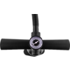 Black pump with horizontal handle, round pressure gauge in the center and black hose extending upward