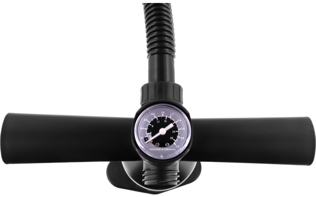 Black pump with horizontal handle, round pressure gauge in the center and black hose extending upward