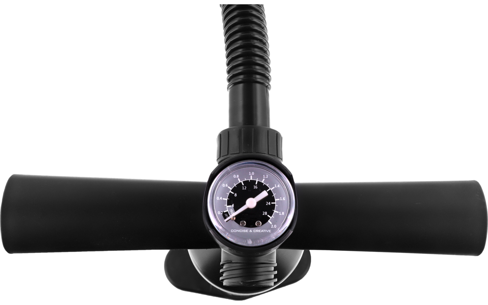 Black pump with horizontal handle, round pressure gauge in the center and black hose extending upward