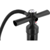 Black plastic device with cylindrical body, T-shaped handle, connected ribbed flexible hose, round display on top, and red closure at the connection