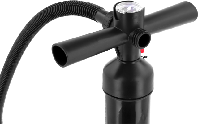 Black plastic device with cylindrical body, T-shaped handle, connected ribbed flexible hose, round display on top, and red closure at the connection