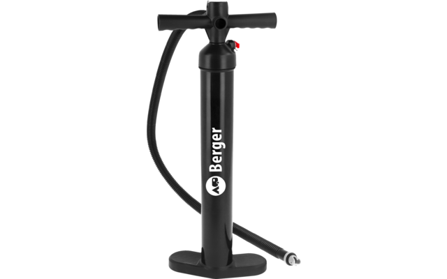 Black floor pump with T-shaped handle, hose, metal valve connector and white text 'Berger'