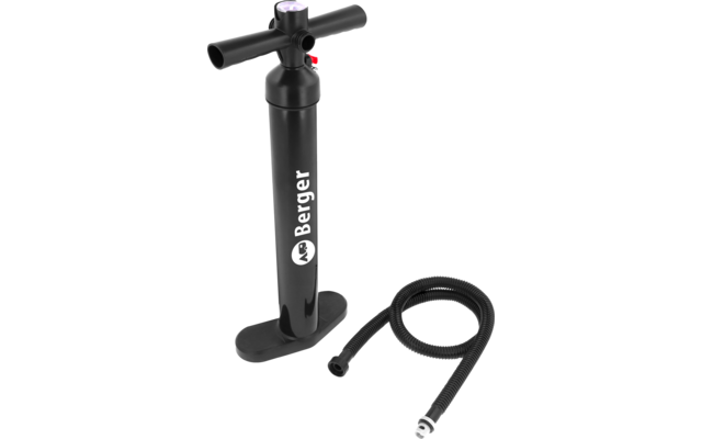 Black hand pump with T-handle, white 'Berger' lettering, red lever, footplate and separate black hose