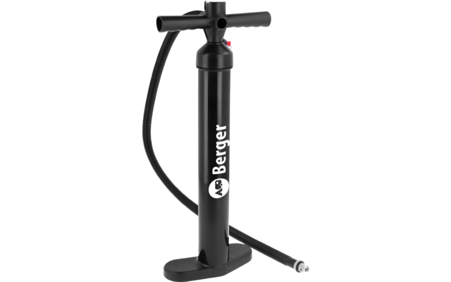 Black hand pump with cylindrical body, T-handle, hose, and 'Berger' logo