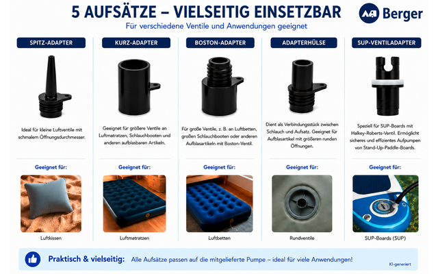Infografik mit dem deutschen Titel '5 AUFSÄTZE – VIELSEITIG EINSETZBAR', Berger-Logo, fünf schwarze Adapterabbildungen mit Beschriftungen und unter jedem ein kleines Foto (Kissen, blaue Luftmatratze, blaue Luftmatratze mit sichtbarem Ventil, Nahaufna