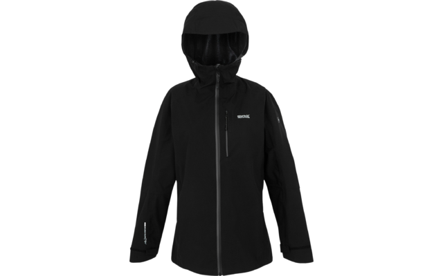 Schwarze Jacke mit Kapuze, vorne Reißverschluss und logodruck auf der Brust