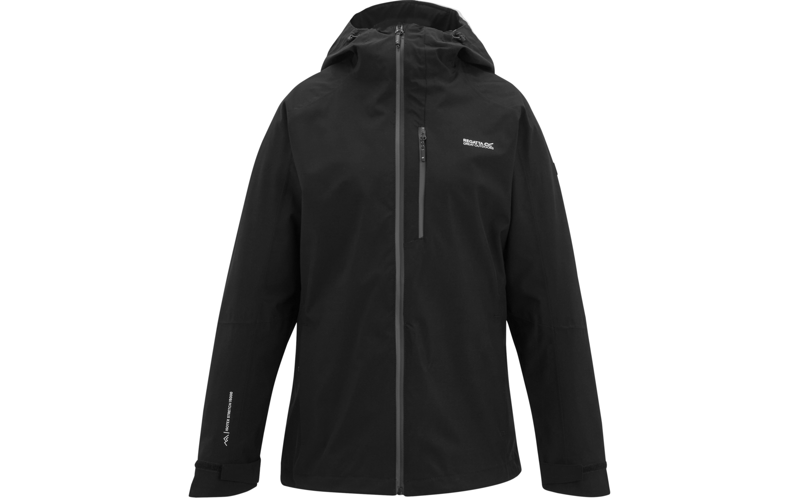 Schwarze Regenjacke mit Kapuze und Reißverschlusstasche links auf der Brust