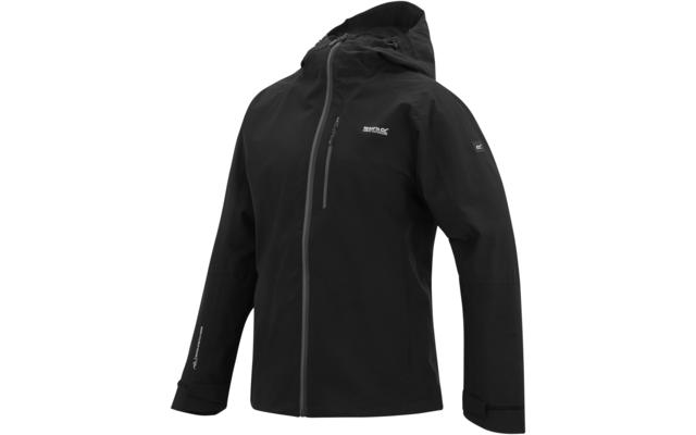 Schwarze Softshelljacke mit Kapuze und Reißverschluss