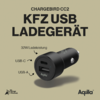 Schwarzes KFZ USB Ladegerät mit zwei USB-C Anschlüssen, Modell Chargebird CC2