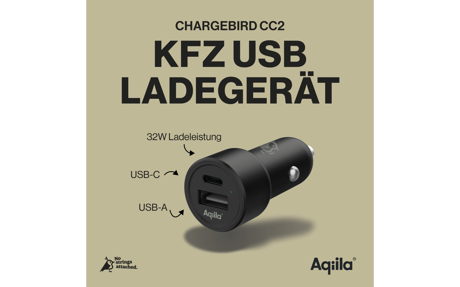 Schwarzes KFZ USB Ladegerät mit zwei USB-C Anschlüssen, Modell Chargebird CC2