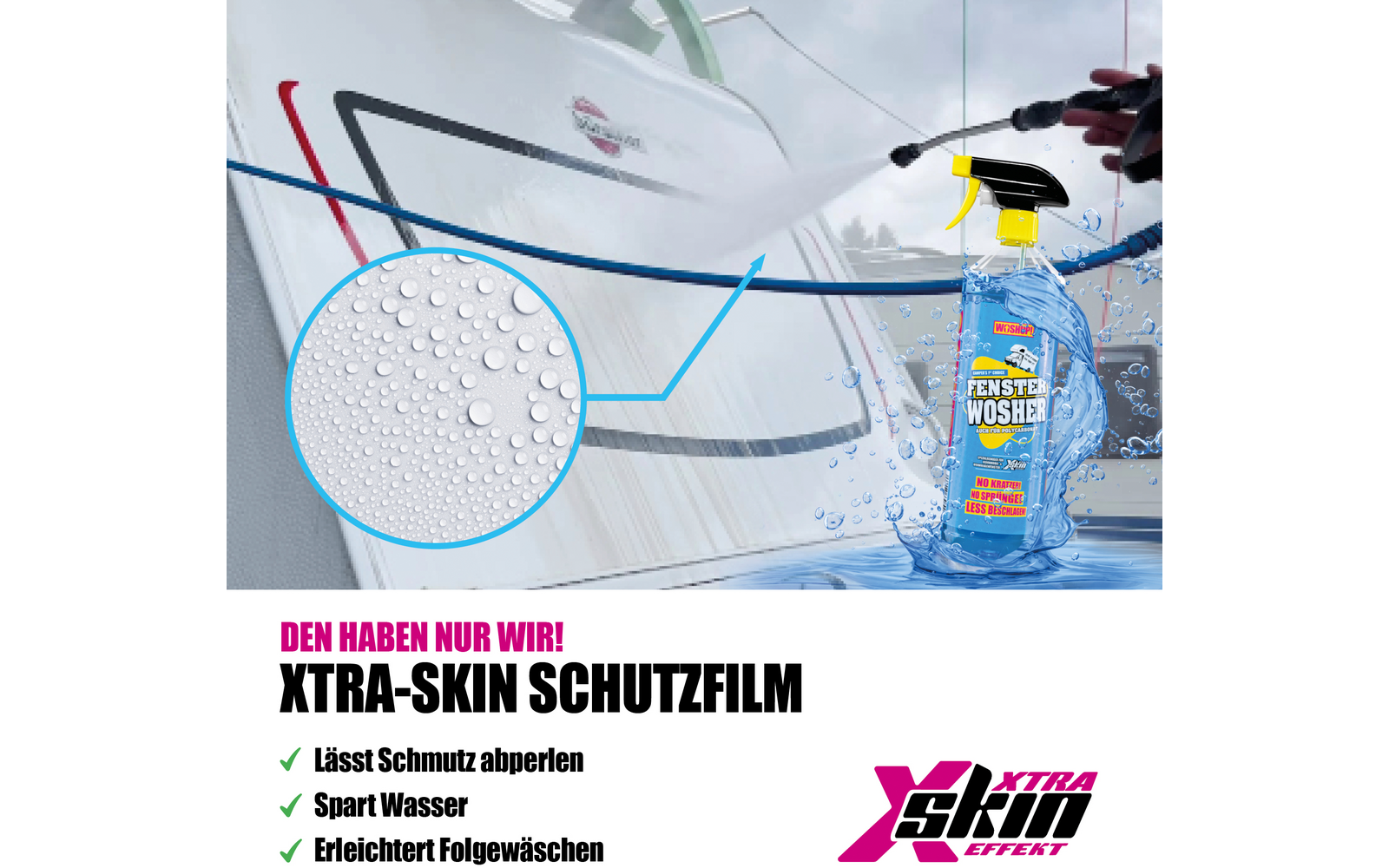 Sprühflasche mit Skim Xtra-Skin Schutzfilm vor einer hellen Leinwand mit grafischen Linien